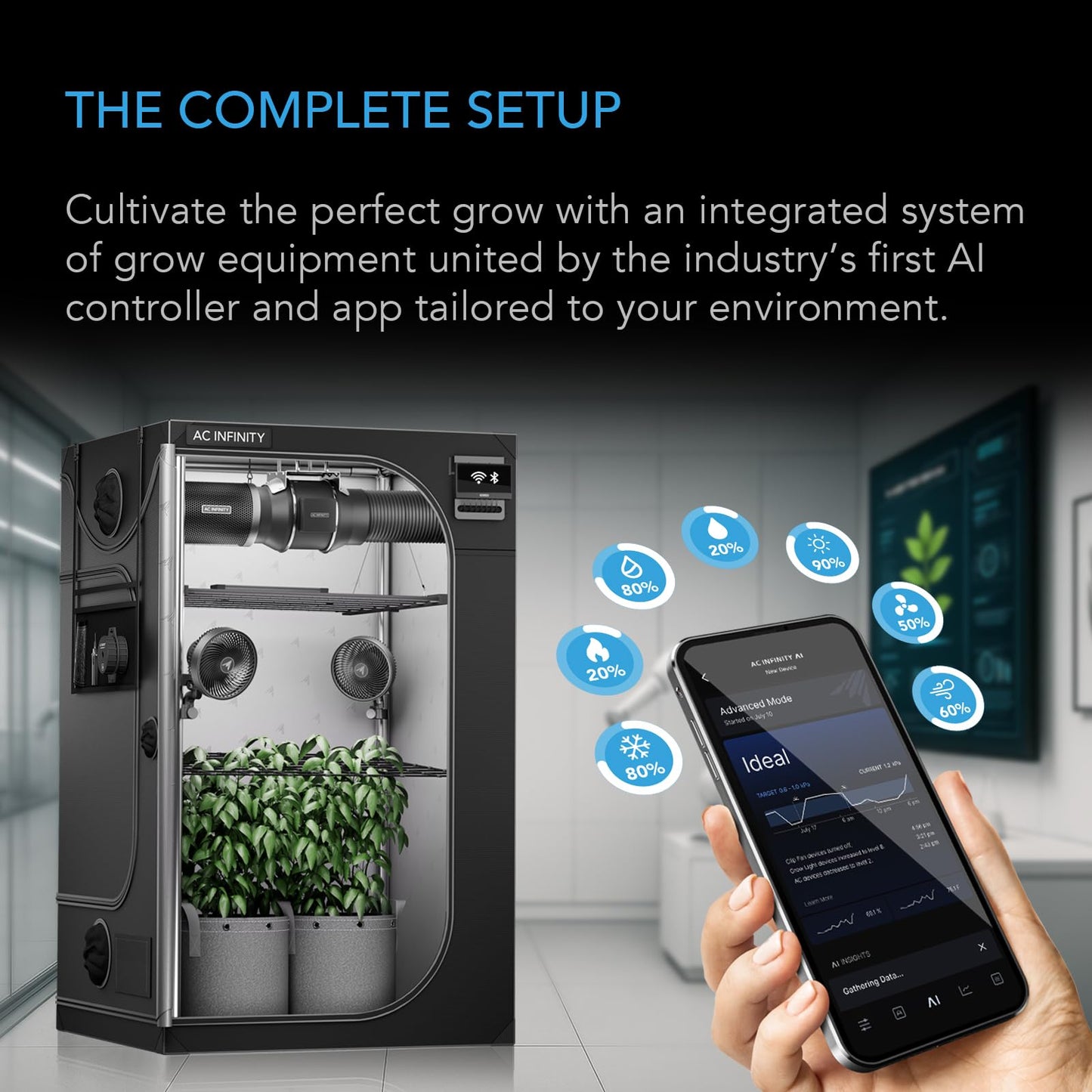 AC Infinity AI Grow System PRO 5x5, 6-Plant Kit w/Self-Learning AI Controller, Dynamic Airflow & LM301H EVO LED Lighting Control, 2000D Mylar Tent w/Lab-Tested Reflectivity, Largest Zippered Window