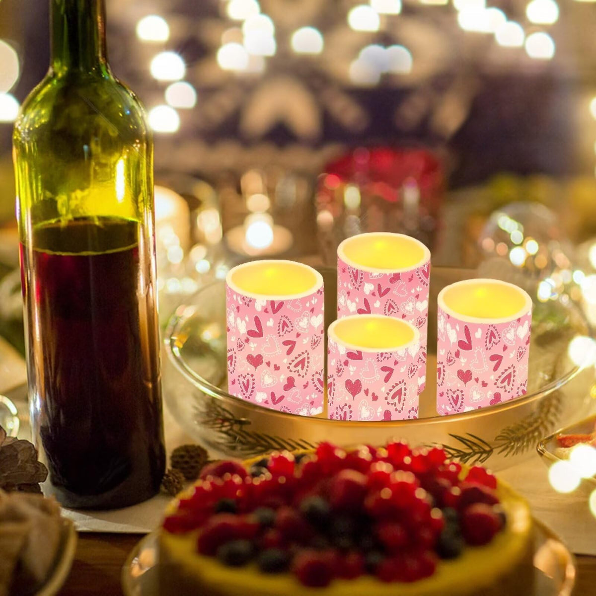 NETILGEN Pink Love Hearts 4 Pcs Flameless Electric Candles LED Pillar Candles with Remote Timer Control for Valentine's Day Decoration