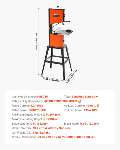 VEVOR Band Saw with Stand, 10-Inch, Two-Speed Benchtop Bandsaw, 373W 1/2 HP, 6 in Max Cutting Height, 13.2 x 13.4 in Cast Iron Table, with 360° Work Light, Miter Gauge, Fence, Band Saw for Woodworking