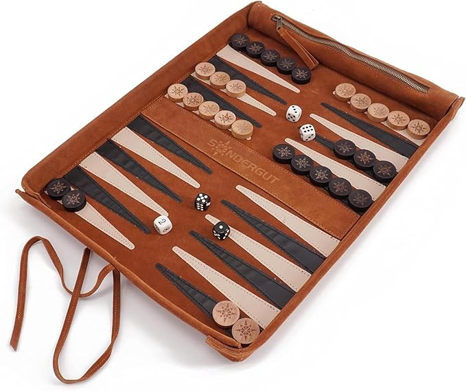 Sondergut Roll-up Portable Suede Deluxe Backgammon Game Set- Elegant Design Engraved Wood Stones Pop-Up Playing Field - Ideal for RV Travel Cruise Airplane Camping Backpacking Road Trips Etc.