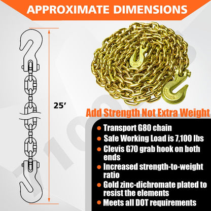 YATOINTO G80 Transport Binder Chain 3/8 Inch x 25 Foot Safety/Binder Chain with Clevis Grab Hooks 7,100 lbs Safe Working Load Logging Chain for Transporting Towing Tie Down Binding Equipment