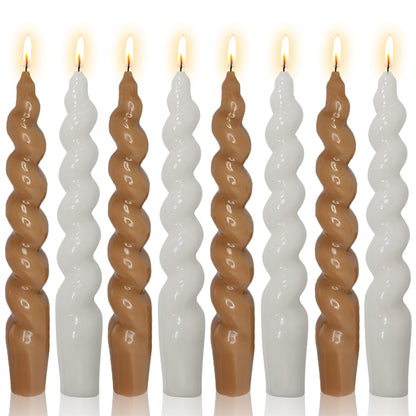 Gedengni Brown and White Taper Candle Brown Candlestick,8pcs Cute Candle Sticks Short Twisted Candlesticks Fancy Tapered Candles for Home Décor Weddings Holiday Women Gifts