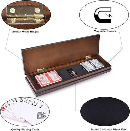 AMEROUS Wooden Cribbage Board Game Set with Magnetic Lock - Metal Pegs - 2 Playing Cards - Continuous 3 Track Board - Larger Storage Area Travel Portable Cribbage Game Sets for Family