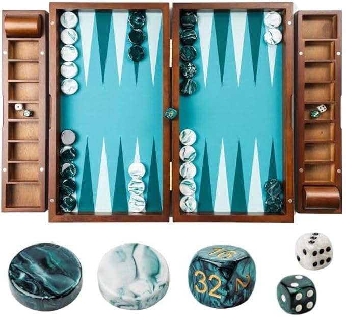 20 Inch Large Backgammon Sets for Adults Green Backgammon Board Solid Wood. Removable Accessory Tray Premium 1.5 Inch Checkers &amp Dice Set Backgammon Game Set Backgammon Table