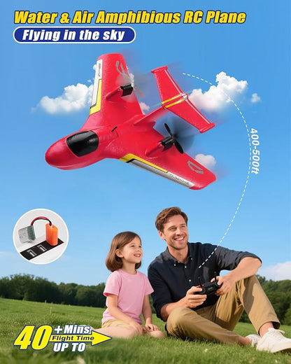 Remote Control Airplanes for Kids 2.4Ghz RC Water Plane Gifts for Boys Age 8-13 Year Old Easy to Fly Mini Glider with Gyro/Lights/2 Batteries Cool Toys for Birthday Christmas(Red)