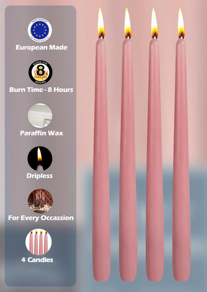 Hyoola Tall Taper Candles - 10 Inch Rose Pink Unscented Dripless Taper Candles - 8 Hour Burn Time - 4 Pack