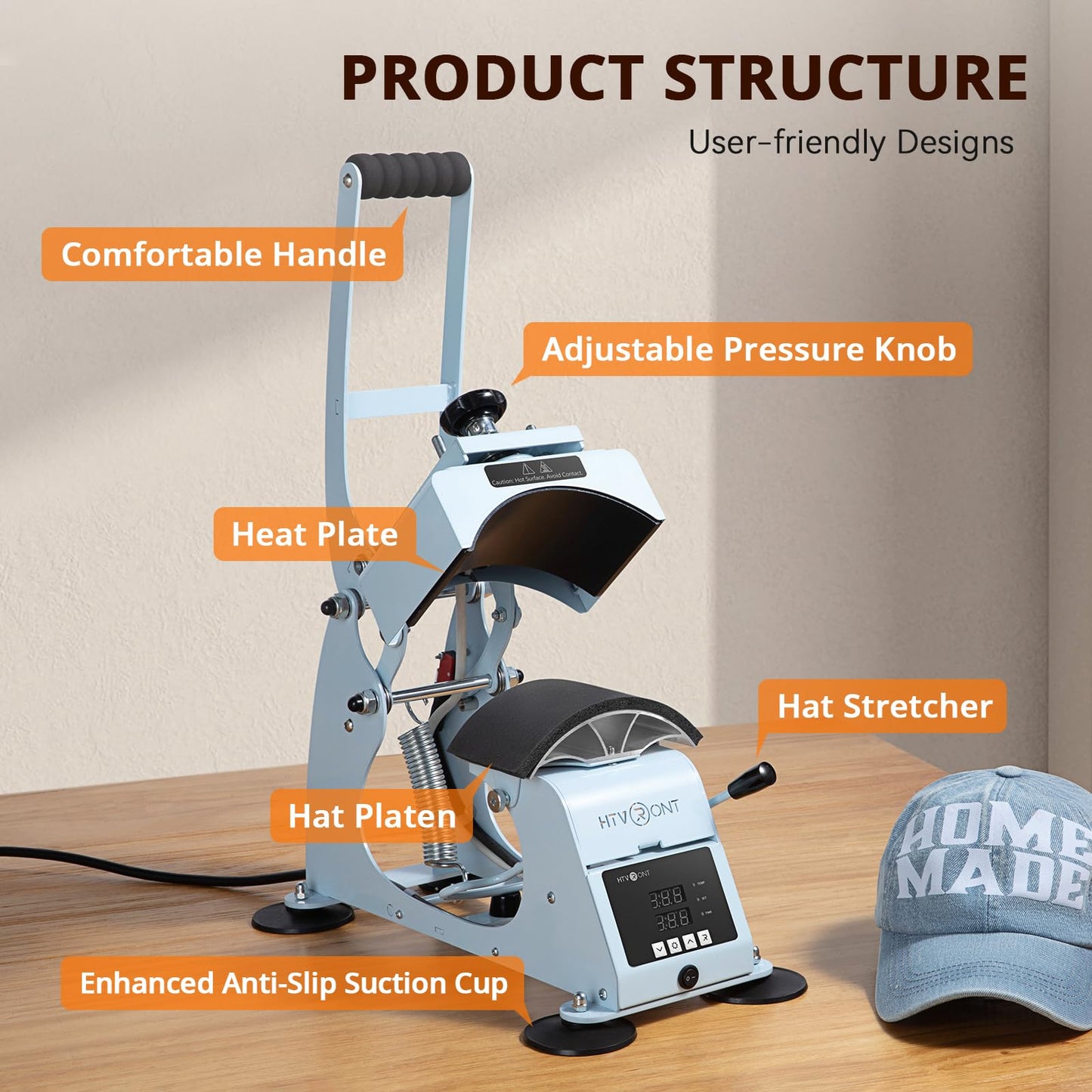 HTVRONT Hat Press Machine - Hat Press Heat Machine for Caps with 2 Platens & Caps Stretcher, Hat Heat Press Machine for Caps with Precise Temp&Timer Control for Heat Transfe Vinyl, Sublimation (Blue)
