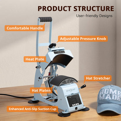 HTVRONT Hat Press Machine - Hat Press Heat Machine for Caps with 2 Platens & Caps Stretcher, Hat Heat Press Machine for Caps with Precise Temp&Timer Control for Heat Transfe Vinyl, Sublimation (Blue)