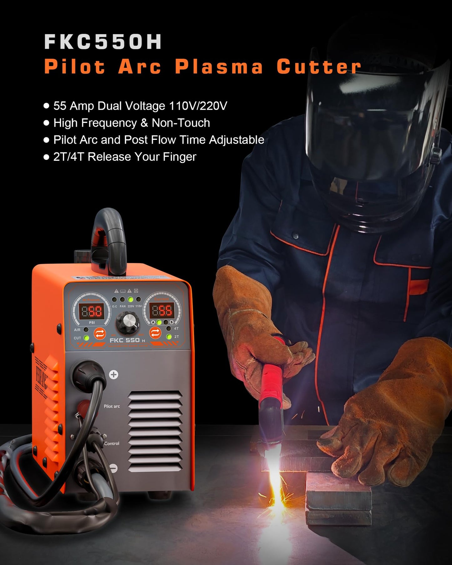 FEIFANKE 55A Plasma Cutter, Dual Voltage 110V/220V, High-Frequency Non-Touch Pilot ARC Plasma Cutting Machine, 3/4" Max Cut, 1/2"Clean Cut, 2T/4T, Post Flow Cooling, Best for Beginner