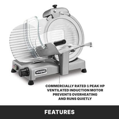 Waring Commercial WCS300SV 10" Medium Duty 1 HP Food Slicer, Cast Aluminum Base, 120V, 5-15 Phase Plug, Silver