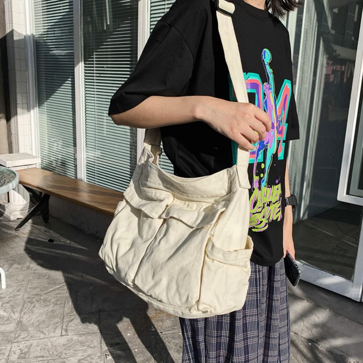 GAXOS Aesthetic Cute Messenger Bag for School Vintage Black Canvas Crossbody for Women Shoulder Laptop Bag