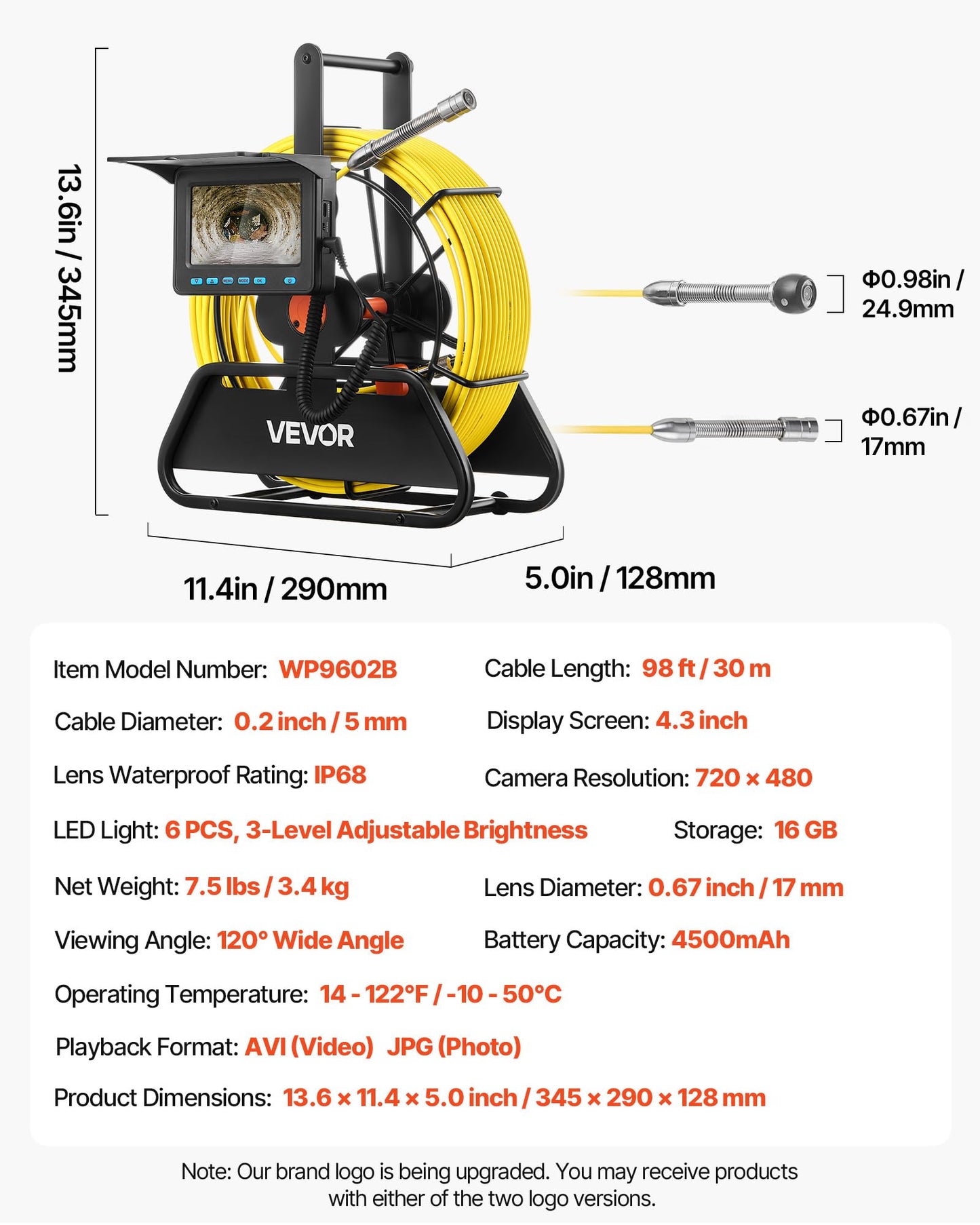 VEVOR Sewer Camera, 98 ft/30m, 4.3" Drain Inspection Tool, IP68 Waterproof Snake Plumbing Camera with Lights - 6 Adjustable LEDs, 4500mAh Battery & 16GB Card for Sewer Line Duct Pipes