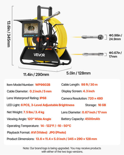 VEVOR Sewer Camera, 98 ft/30m, 4.3" Drain Inspection Tool, IP68 Waterproof Snake Plumbing Camera with Lights - 6 Adjustable LEDs, 4500mAh Battery & 16GB Card for Sewer Line Duct Pipes