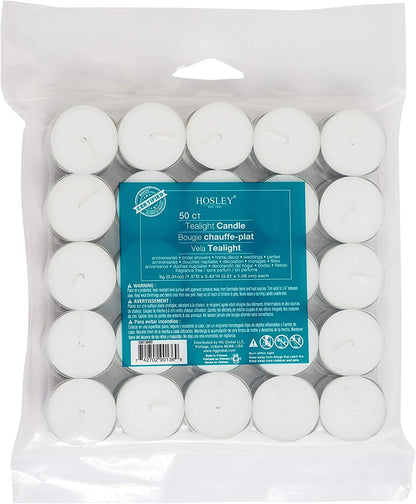 Hosley Unscented Tea Lights Candles in Bulk 50 White Long Lasting Tea Light Candles Mini Votive Tealight Candle for Home Restaurants Shabbat Church Weddings Romantic Moments Party Spa Meditation
