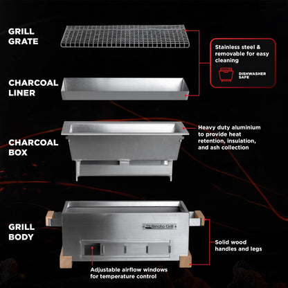 The Bincho Grill 16" Mini Yakitori Grill – Stainless Steel Mini Tabletop Charcoal BBQ with Charcoal Box, Optimized Airflow & Cool-Touch Base - Perfect for Japanese Grilling, Skewers, Meat, Seafood