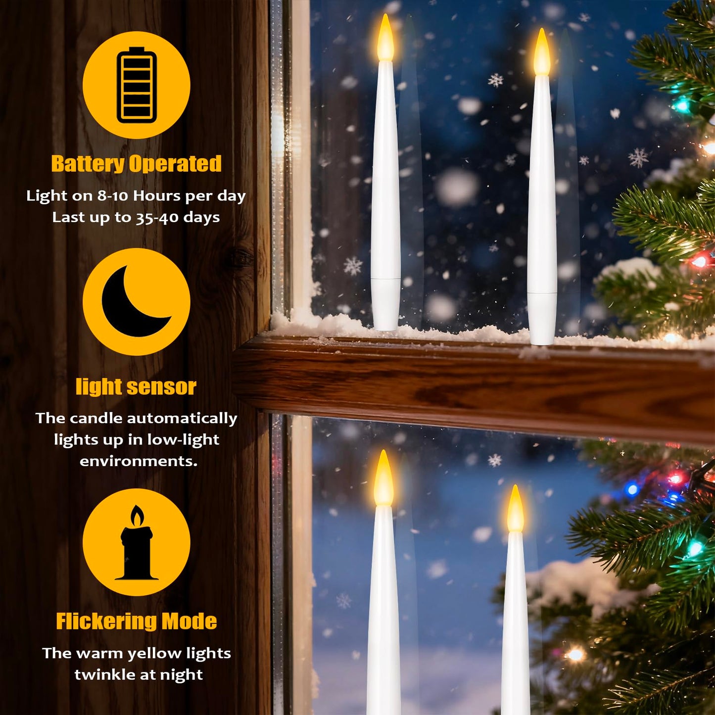 6.1" x 0.5" Window Candles with Sensor Dusk to Dawn, 6 Pcs Ivory Flameless Taper Candle with Dimmer Battery Operated with Nano Adhesive lasts up to 200+ Hours for XMas, Halloween Decor and Holiday