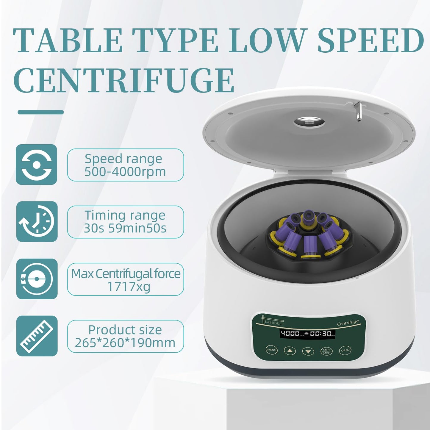 LABHOUSE PRP Centrifuge Machine 8x2ml/5ml/10ml | 4x15ml Digital Speed 500-4000rpm 1717xg RCF Lab Benchtop Centrifuges Timer 30sec-99min