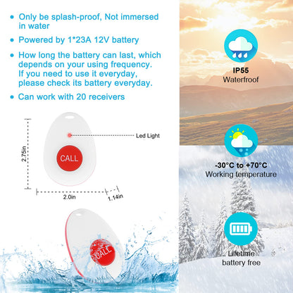 CallToU Wireless Caregiver Pager Call Button for Hard of Hearing 500FT Emergency Alert System Waterproof Call Bell for Elderly at Home/Elderly/Patients/Disabled (CCVB 4-2)