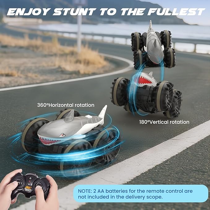 SIMREX Shark Amphibious Remote Control Car - Gift for Kids Boys Girls 4WD Waterproof RC Car 360° Stunt Dual Remote Control 50m Long Range 2 Rechargeable Batteries (Silver)