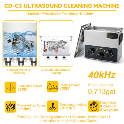 EIWEI 3L Ultrasonic Cleaner Professional Power-Adjustable Knob Jewelry Cleaning Machine with Heater Timer for Carburetor, Jewelry, Glasses, Dentures, Circuit Boards, Automotive Parts