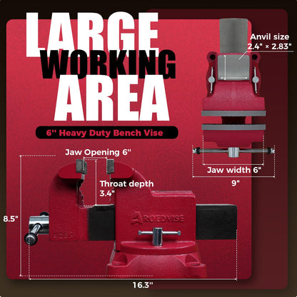 AROEDVISE 6" Heavy-Duty Bench Vise, 6" Jaw Width & Opening, 8,820 lbs Clamping Force, 60,000 PSI Ductile Iron Vise with 360° Swivel Base, Anvil & Pipe Jaws for Metalworking, Woodworking & DIY (RS60)