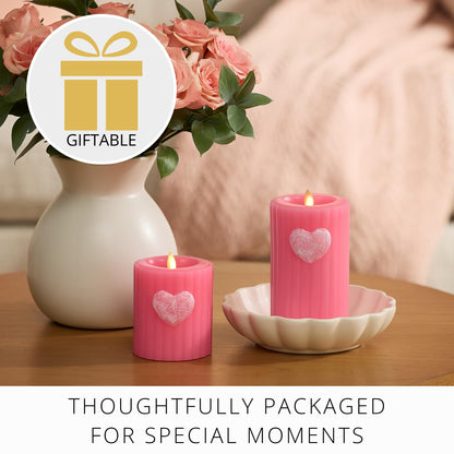 Luminara Flickering Flameless 3.7" x 4.5" Pillar Candle, Battery Operated Remote Ready (Sold Separately) & Timer Function, LED Light, Ribbed Real Pink Wax w/Embossed Heart Design for Valentine's Day