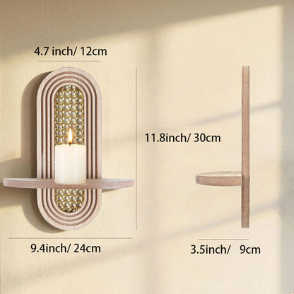 Wall Candle Holder Sconce, Set of 2 Wooden Wall Mounted Candle Holder with Arched Shelf and Gold Metal Vine Detail, Decorative Wall Sconce for Pillar Candles, Living Room Bedroom Entryway Decor