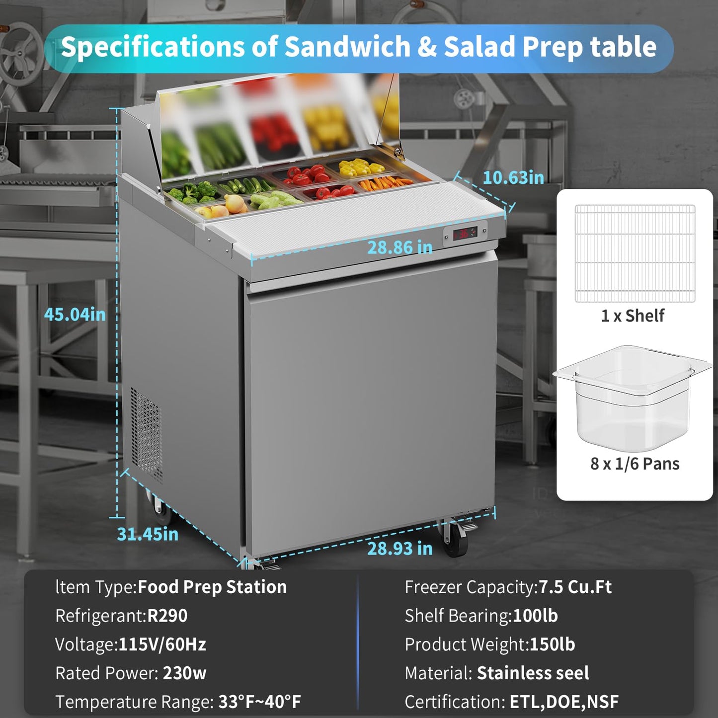 ECEVT 29" W Commercial Refrigerator Sandwich Salad Prep Table Refrigerator Stainless Steel with 8 Pans, Kitchen Equipment for Restaurant, Bar, Shop, Buffet, etc, ETL/NSF/DOE Approved