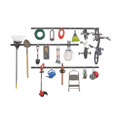 Rubbermaid 24-Piece FastTrack Garage Wall-Mounted Storage Kit, 6 Rails and 18 Hooks, Black, for Home/House/Tool/Sports/Equipment/Utility Purposes