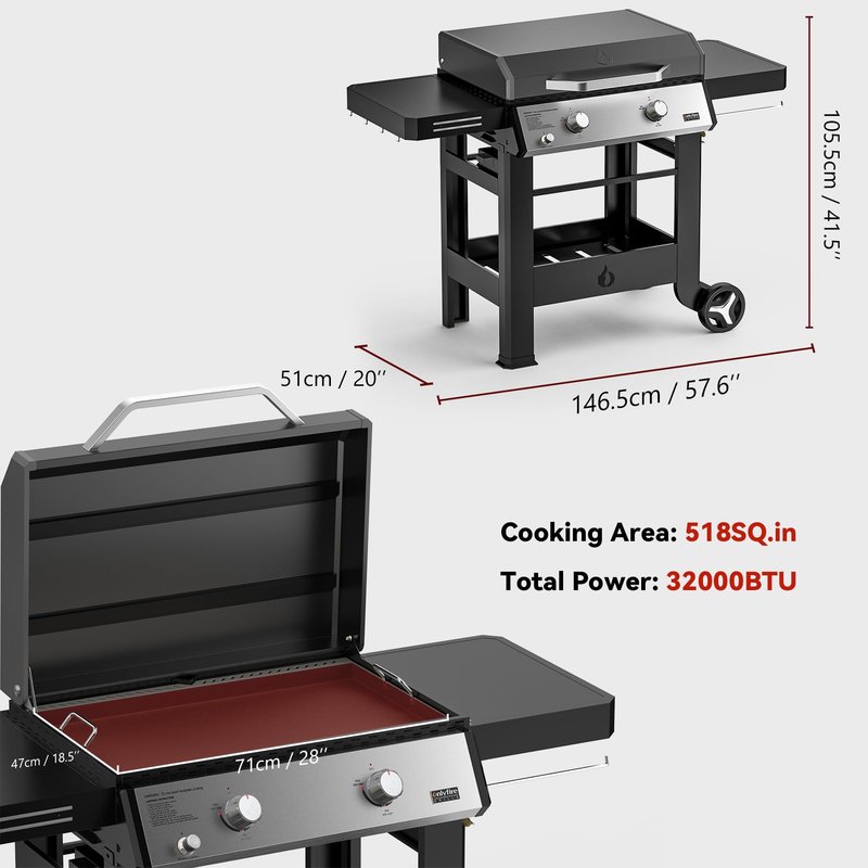 ONLYFIRE GRILLS Heavy Duty Propane Gas Griddle with Grill Cover, Premium 2-Burner Flat Top Gas Griddle with 518 sq.in Cooking Area, Foldable Side Tables, for Outdoor Patio Backyard BBQ Party, GS351
