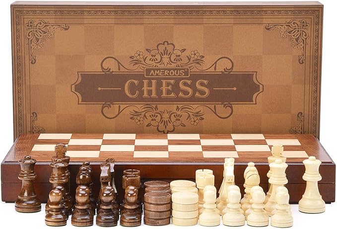 AMEROUS Wooden Chess &amp Checkers Set with Upgraded Weighted Chess Pieces 15 Inches (2 in 1) Chess Board Games for Kids Adults w/ 2 Extra Queens / 24 Cherkers Pieces/Gift Package