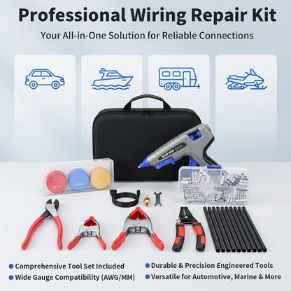 Professional Wire Splice Sealing Kit, Waterproof Wire Connector System with 200W Glue Gun, Sealant Sticks, Wire Stripper and Crimper Tools for Automotive, Marine, Trailer, ATV/UTV Wiring Repair