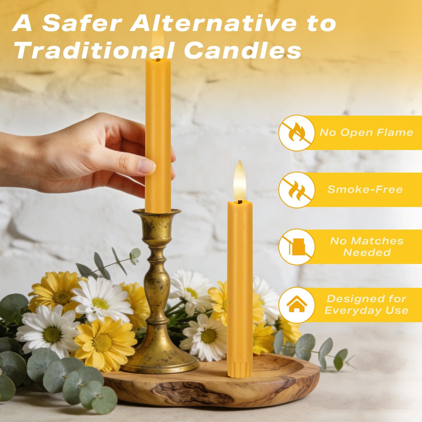AFINETH Yellow Flameless Taper Candles with Remote, 6.4" Battery Operated LED Candles, Flickering Flameless Candlesticks for Table Centerpieces, Wedding, Farmhouse, Dinner Decor, Set of 6