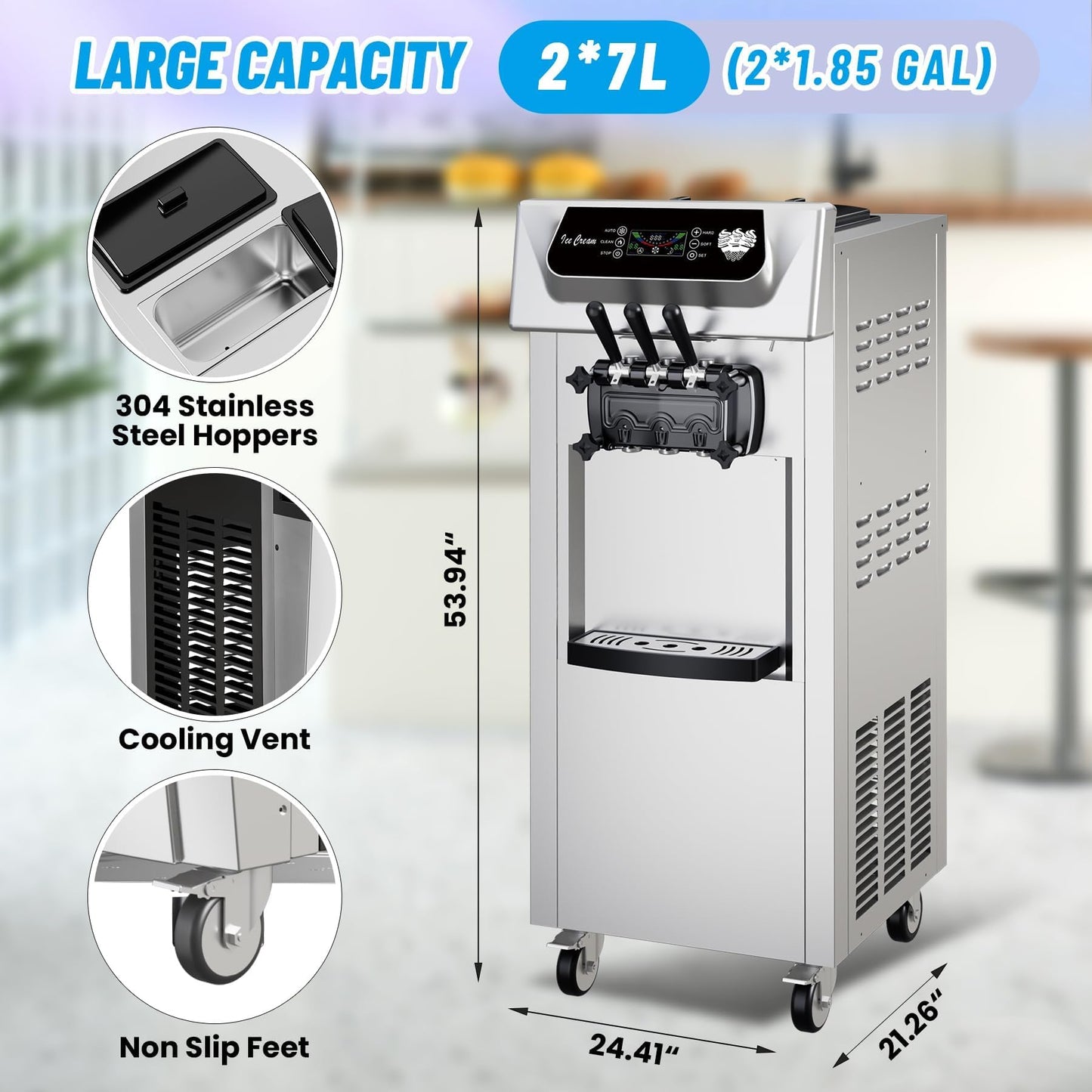 Commercial Soft Serve Ice Cream Machine 2200W, 5.8-8 Gal/Hr Yield, 2+1 Flavor with 2x7L Hopper & 3 Dispensers, Auto Clean & LCD Display for Restaurant Bars