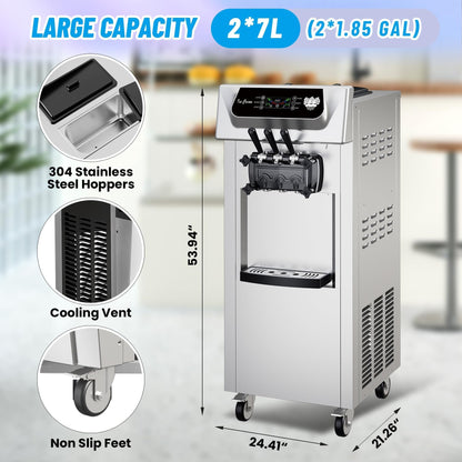 Commercial Soft Serve Ice Cream Machine 2200W, 5.8-8 Gal/Hr Yield, 2+1 Flavor with 2x7L Hopper & 3 Dispensers, Auto Clean & LCD Display for Restaurant Bars