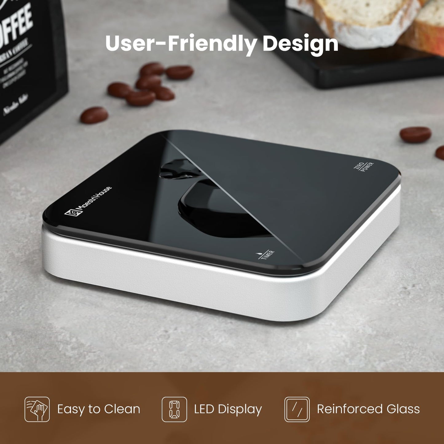 Rechargeable Mini Coffee Scale with Timer, Maestri House Espresso Scale, 2kg/0.1g Accurate Scale for Espresso and Pour-Over Coffee, Portable Digital Kitchen Scale with Automatic Timing（Black&Silver）