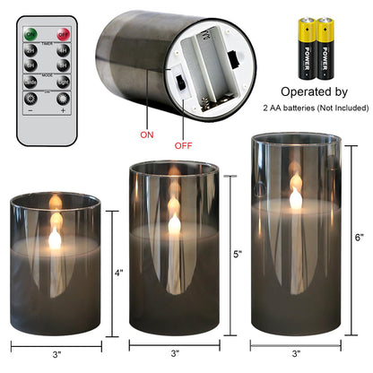 GenSwin Gray Glass Battery Operated Flameless Led Candles with 10-Key Remote and Timer, Real Wax Candles Warm White Flickering Light for Home Decoration(Set of 3)