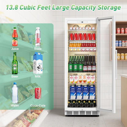 Velivi Commercial Merchandiser Refrigerator, 13.8 Cu Ft Display Beverage Fridge with Glass Door Upright Cooler with LED Light Low Noise, Fast Cooling for Shop, Restaurant, Office (White)