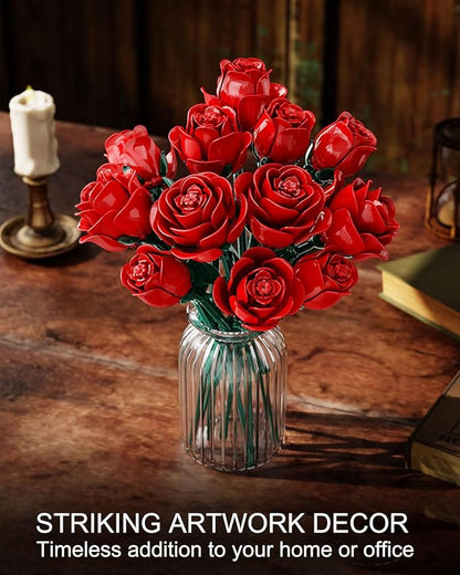Red Rose Bouquet Building Set 12 Artificial Roses Flower Building Blocks for Adult Women Botanical Collection Home Decor Romantic Gift for Mother's Day Valentine's for Adults Girls (512 PCS)
