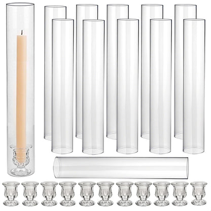CHILL RECIPE Hurricane Glass Candle Holders-Set of 12 Tall Taper Candle Holder with 14” Tall Clear Cylinder Covers for Wedding Table Centerpiece Home Decor (Floral Base+Clear Chimney)