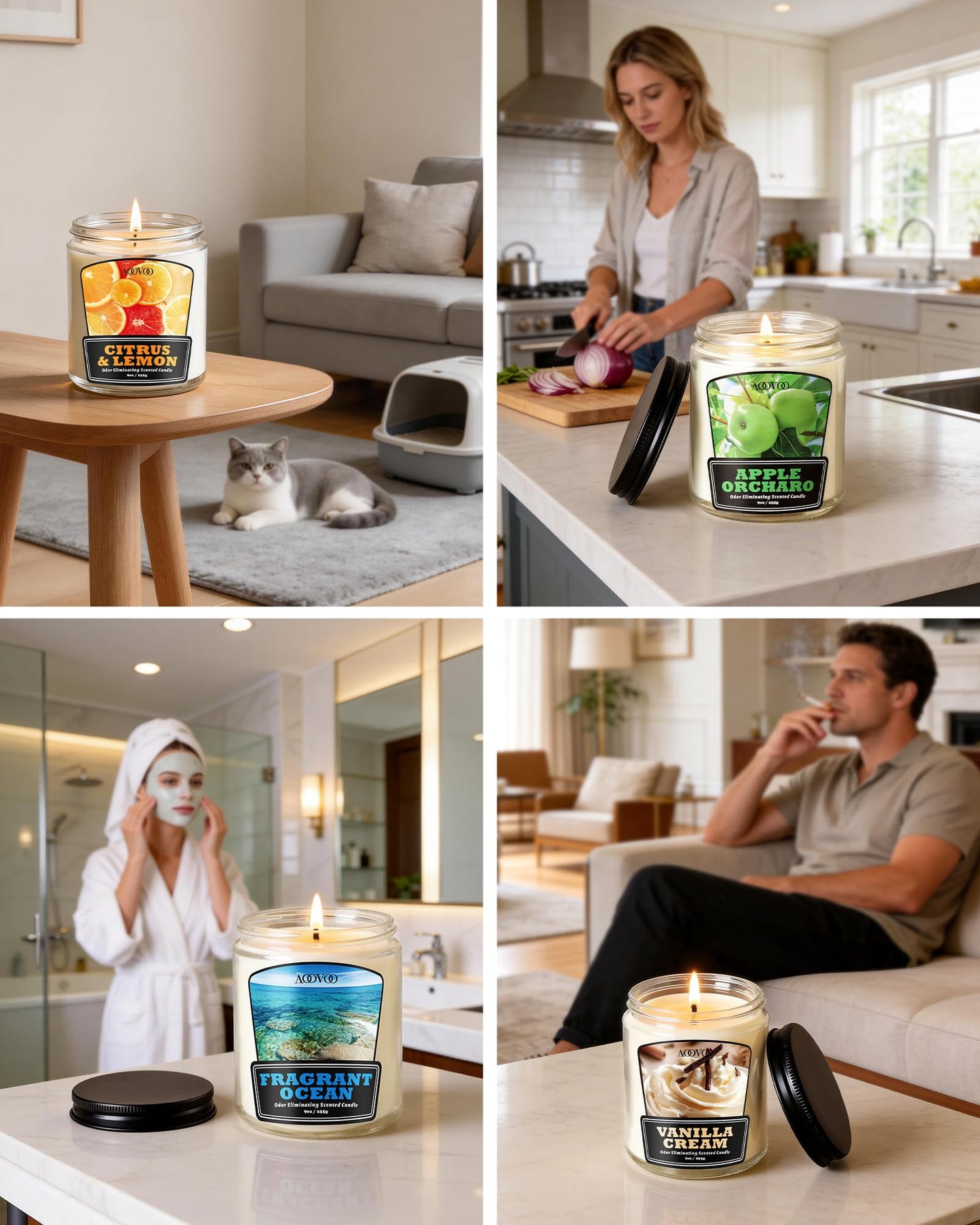 AOOVOO Fragrant Ocean Odor Eliminating Candle - Up to 50 Hours Burn time, Eliminates 95% of Pet, Smoke, Food, and Other Smells Quickly, 9 oz Non Toxic Highly Fragranced Air Freshing Soy Candle
