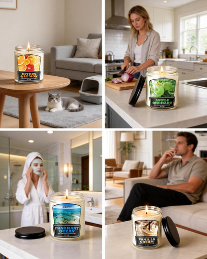 AOOVOO 4 Pack Citrus Lemon Odor Eliminating Candle - Up to 200 Hours Burn time, Eliminates 95% of Pet, Smoke, Food, and Other Smells Quickly, 36 oz Non Toxic Highly Fragranced Air Freshing Soy Candle