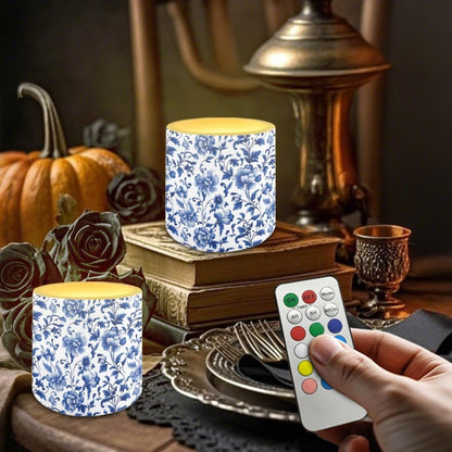 Poceacles Flickering LED Candles Set of 4 with Remote Control, Battery-Powered Flameless Candles Decorative Tealights for Party Indoor Outdoor Decor, Blue Floral Retro