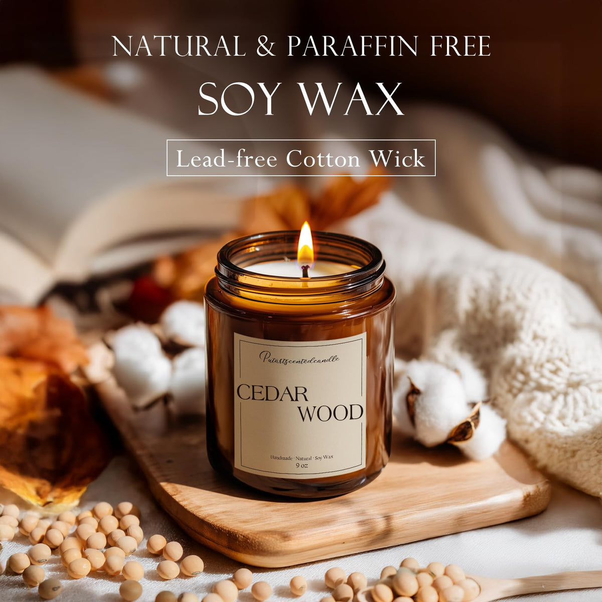 Putart Cedar Wood Candles for Home Scented, Natural Soy Aromatherapy Non Toxic Candles with Long Lasting Fragrance & Clean Burn, Luxury Jar Candle Gifts for Women, Men, Home Decoration 9oz
