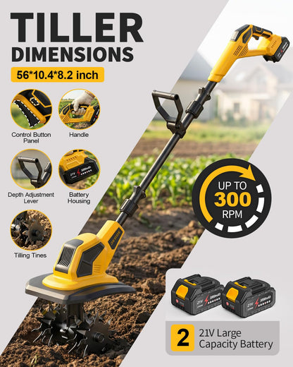 DEGGE Tiller, Cordless Tiller Cultivator with 48 Steel Tines, 9 inch Tilling Width and 6.7 inch Depth, 2 x 3.0Ah 21V Batteries & Charger, Gardening Tools for Lawn/Gardening/Soil Cultivation