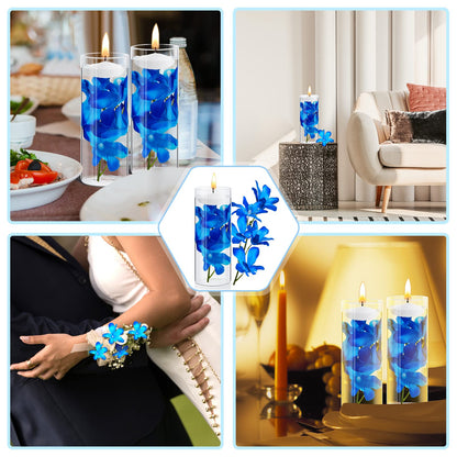 Juexica 28 Pieces Floating Flowers for Centerpieces Blue Orchid Flowers Vase Fillers Unscented Floating Candles for Wedding Table Party Home Decoration