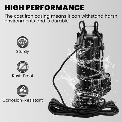Yutmatin 2HP 110V Submersible Sump Pump, 6498GPH Cast Iron Sewage/Effluent Pump 1500W with 66ft Hose and Automatic Float Switch, for Basement Sump and Sewage Well, 2 inch Discharge