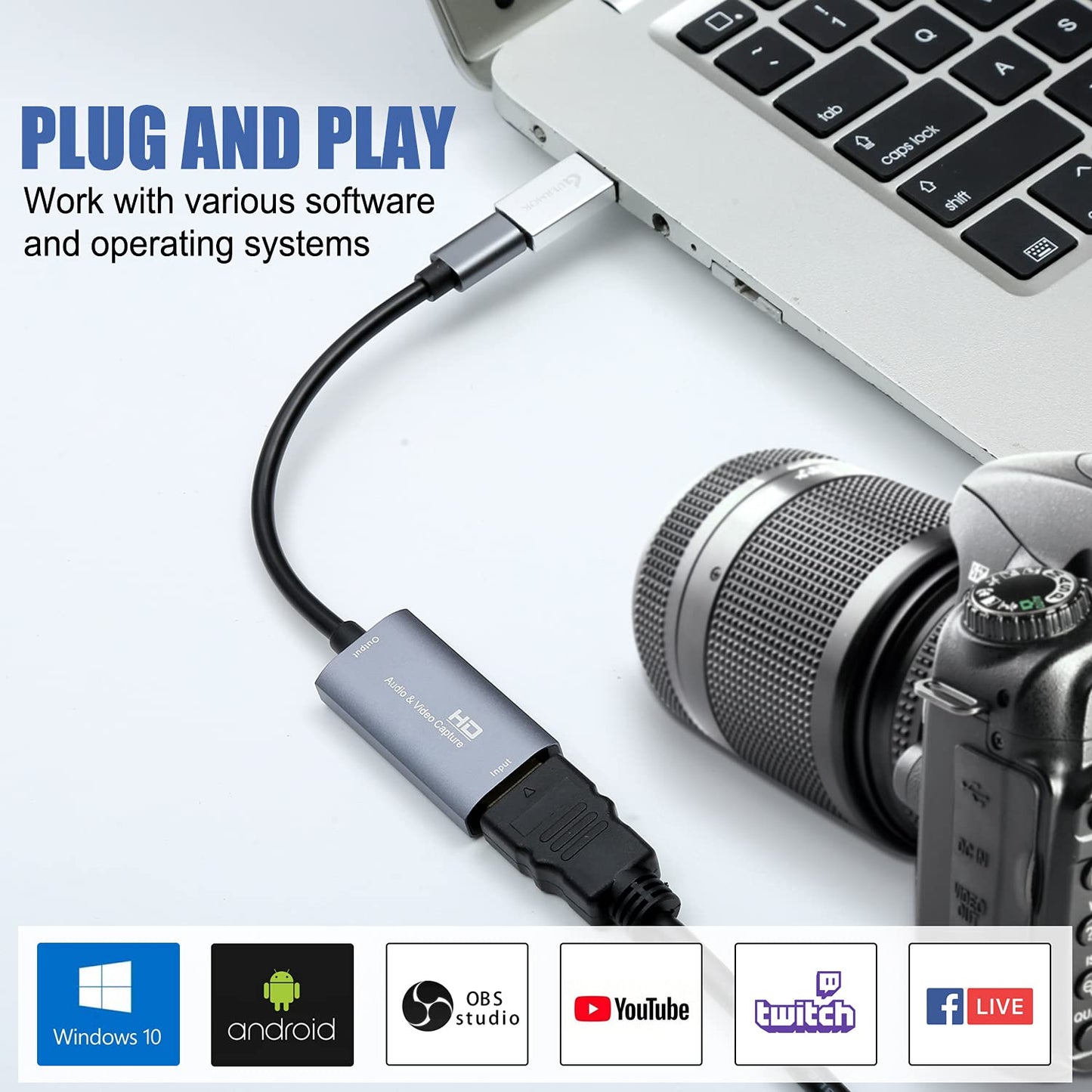 Guermok Video Capture Card, 4K USB3.0 HDMI to USB C Capture Card for Streaming, 1080P 60FPS, Compatible with iPad Mac OS Windows, Quest 3, OBS, PS5/4, Switch2/1, Xbox, Camera (Silver)