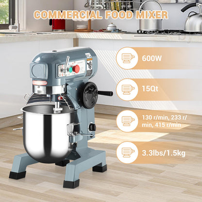 Commercial Food Mixer 15Qt, Heavy Duty Commercial Stand Mixer with 3 Speeds Adjustable, 660W Electric Dough Mixer with Stainless Steel Bowl, Dough Mixer Timing Function for Bakeries Pizzerias