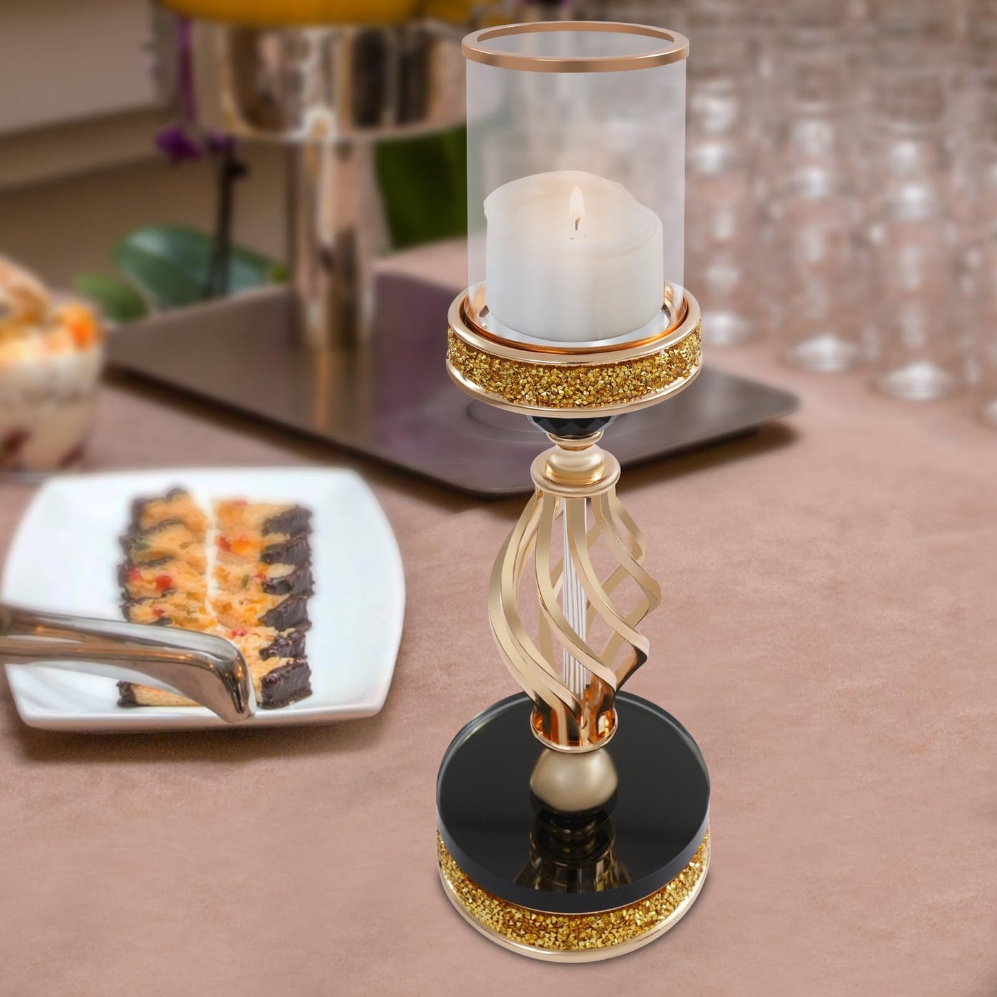 Candle Holder, Crystal Candlesticks Holder Set, Tabletop Pillar Candle Holders for Wedding, Parties, Events, Chirstmas, Home Decor, Table Centerpieces (Gold 01, L)